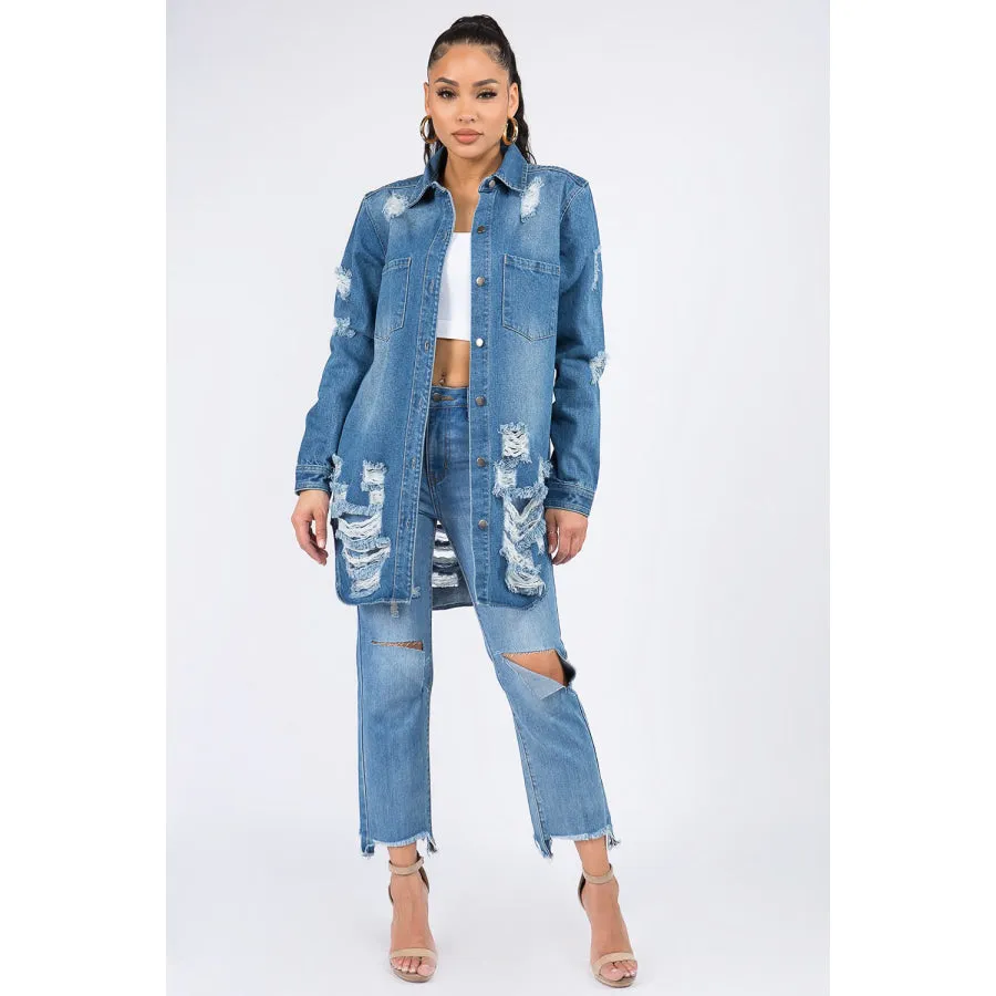 American Bazi Distressed Button Down Denim Shirt Jacket