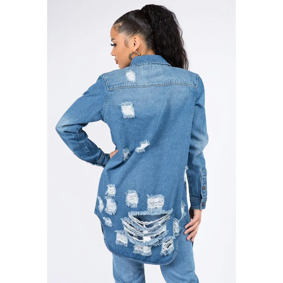 American Bazi Distressed Button Down Denim Shirt Jacket