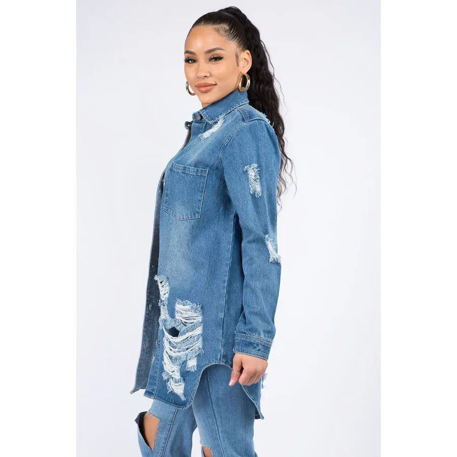 American Bazi Distressed Button Down Denim Shirt Jacket