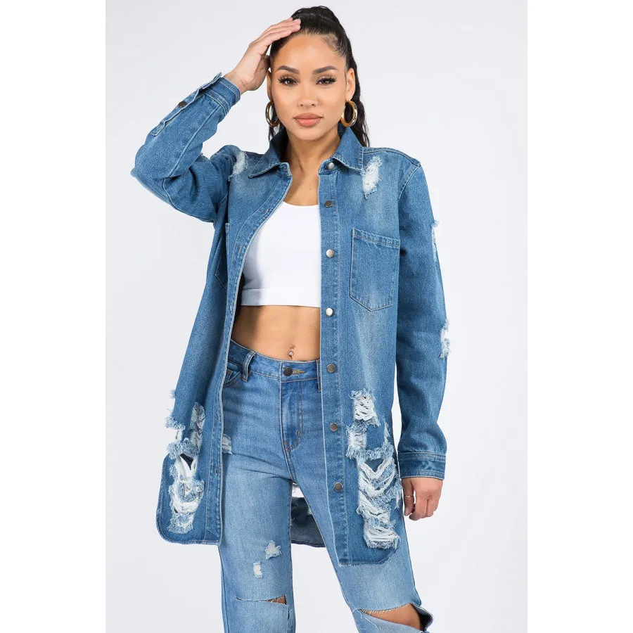 American Bazi Distressed Button Down Denim Shirt Jacket