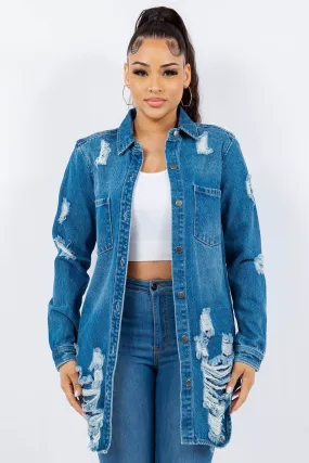 American Bazi Distressed Button Up Long Sleeve Denim Jacket In Blue