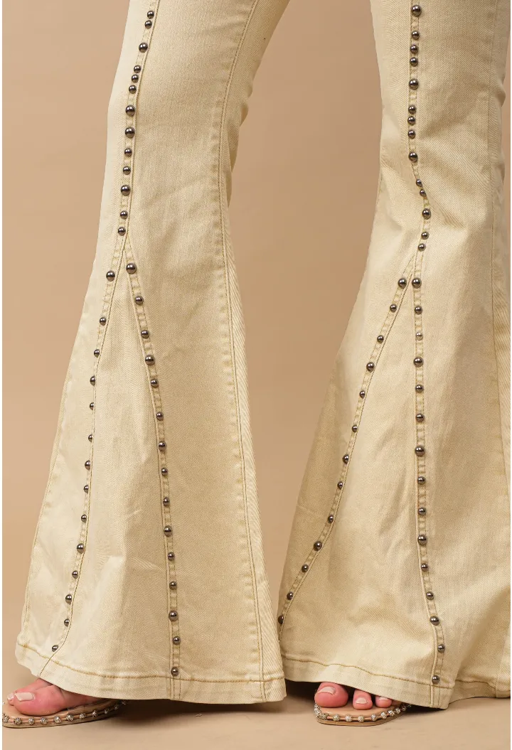 Antique Gold Metal Studs Flared Jeans