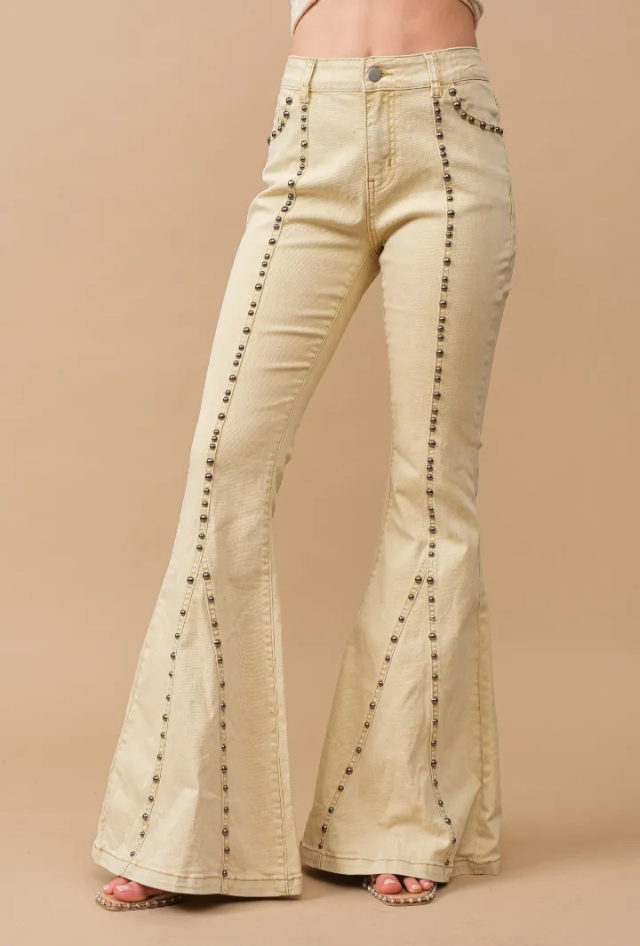 Antique Gold Metal Studs Flared Jeans