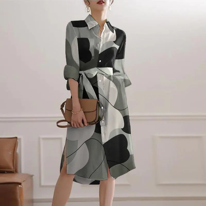 Autumn Lapel Midi Bandage Shirt Dress