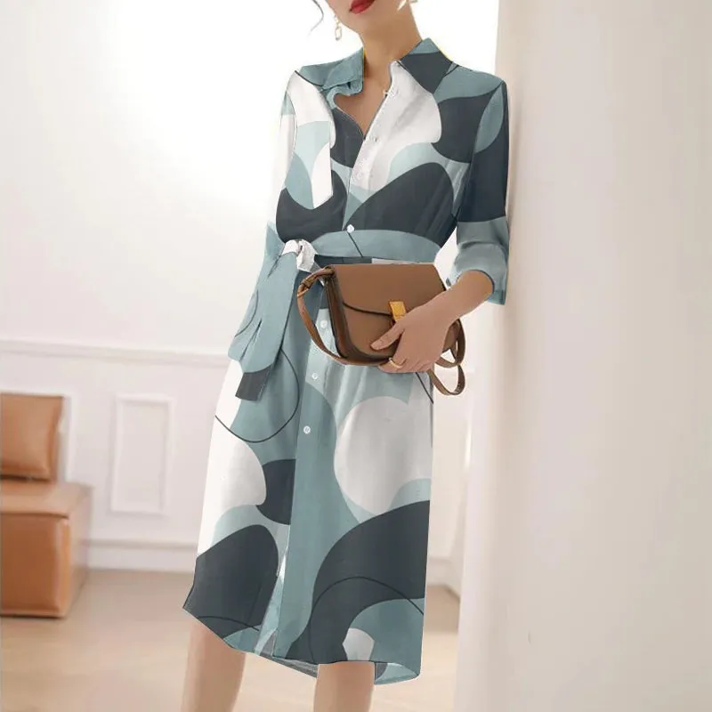 Autumn Lapel Midi Bandage Shirt Dress