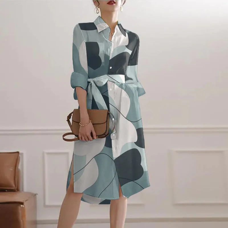 Autumn Lapel Midi Bandage Shirt Dress