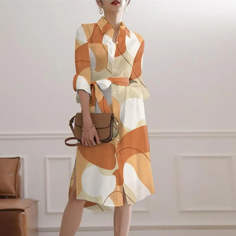 Autumn Lapel Midi Bandage Shirt Dress