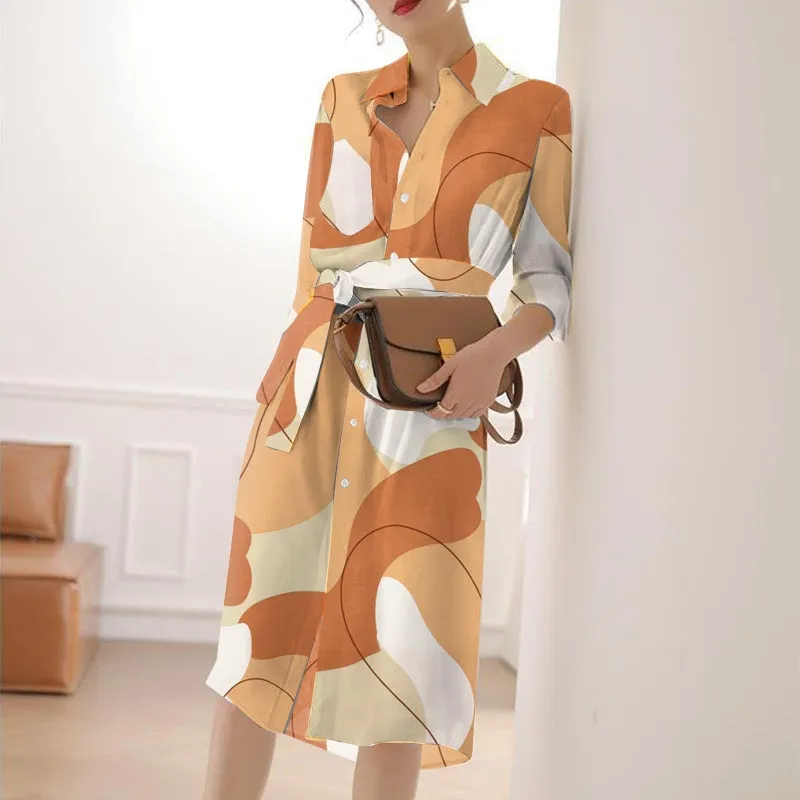 Autumn Lapel Midi Bandage Shirt Dress