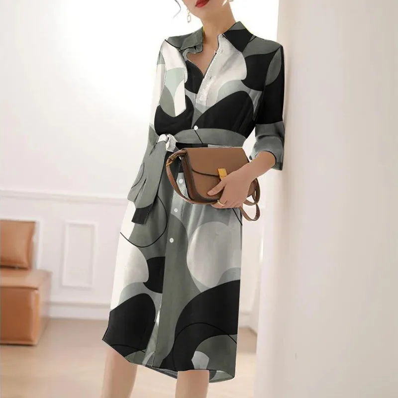 Autumn Lapel Midi Bandage Shirt Dress