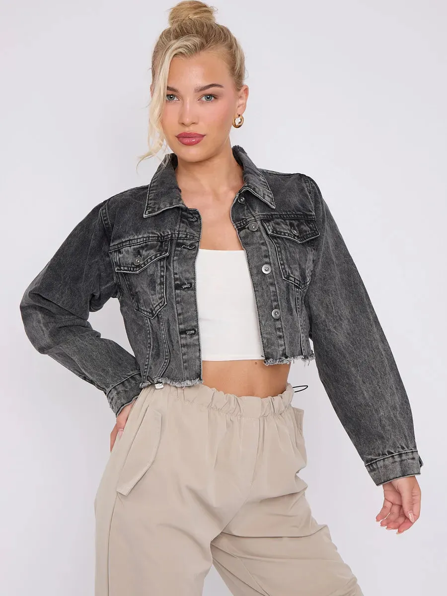 Black Denim Distressed Cropped Jacket With Pockets