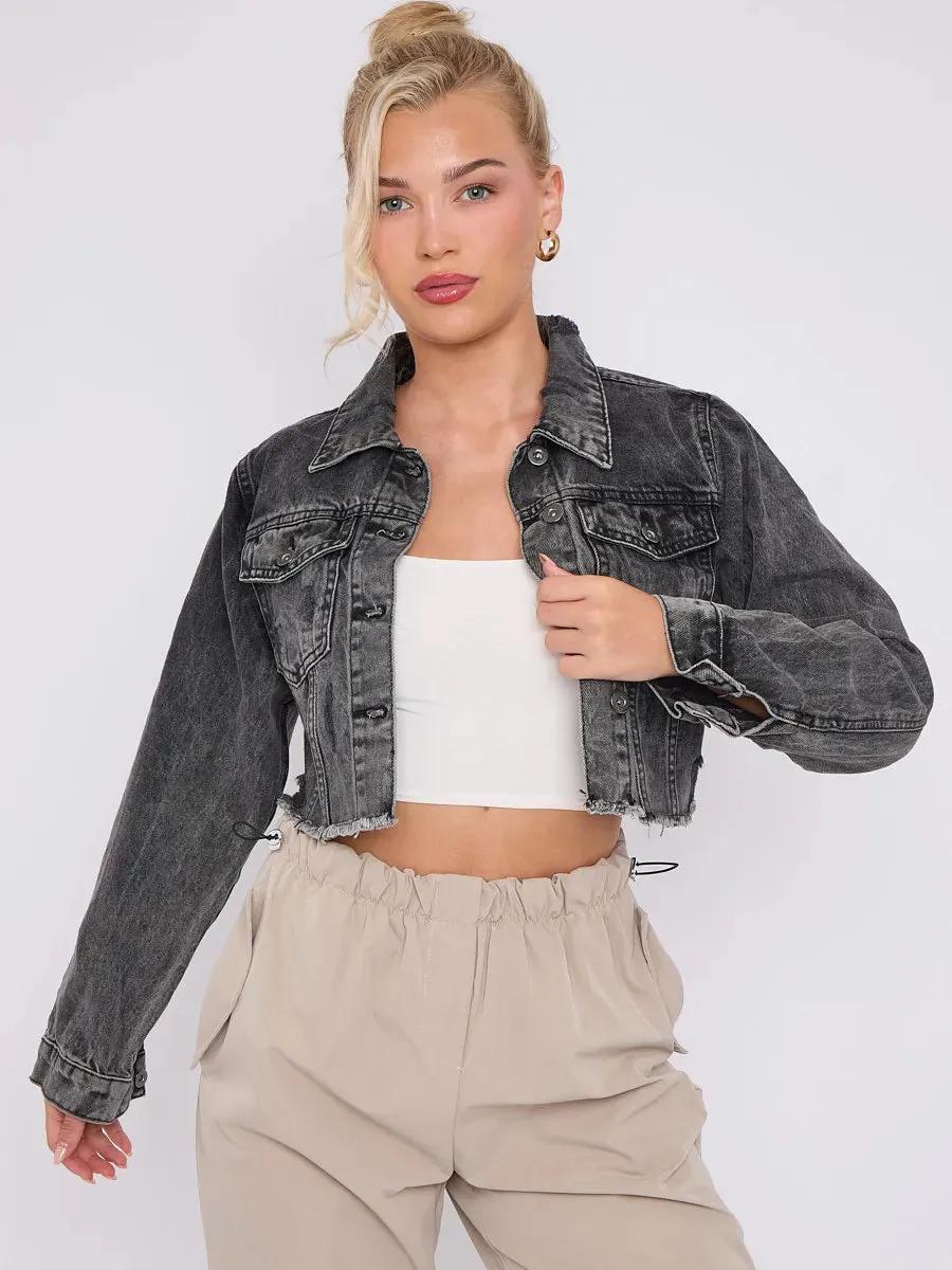 Black Denim Distressed Cropped Jacket With Pockets