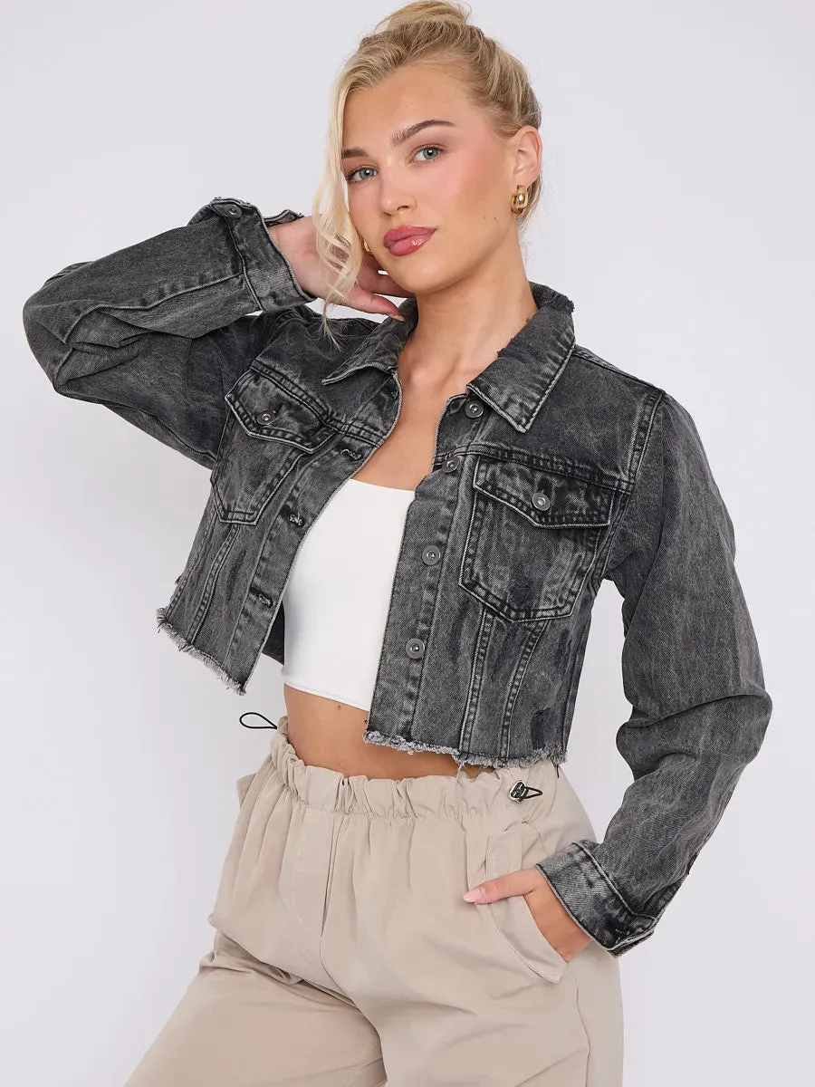 Black Denim Distressed Cropped Jacket With Pockets