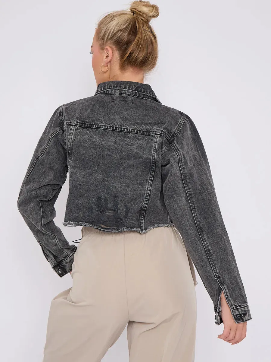 Black Denim Distressed Cropped Jacket With Pockets