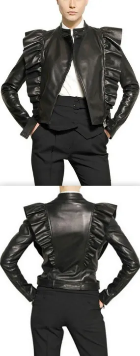 Black Ruffled Nappa-Leather Jacket