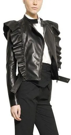 Black Ruffled Nappa-Leather Jacket