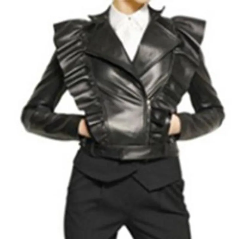 Black Ruffled Nappa-Leather Jacket