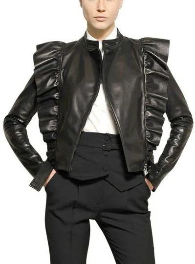 Black Ruffled Nappa-Leather Jacket