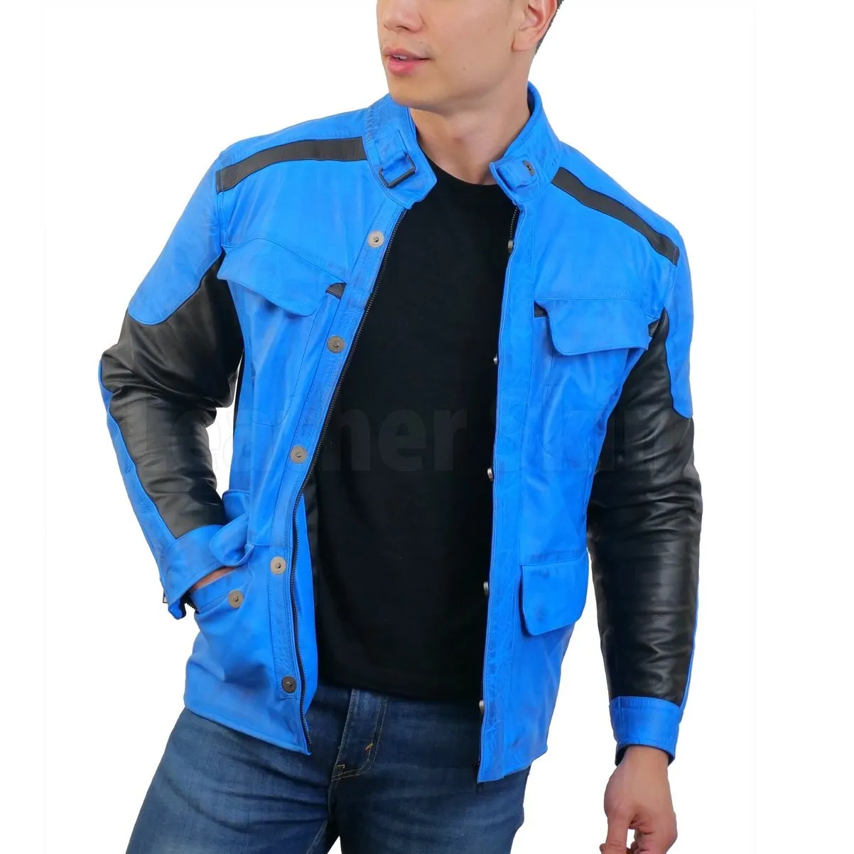 Blue Combo Biker Leather Jacket