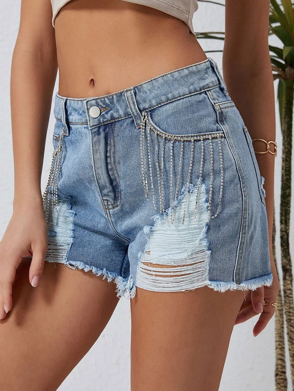 Blue Denim Shorts with Unique Rhinestone Design