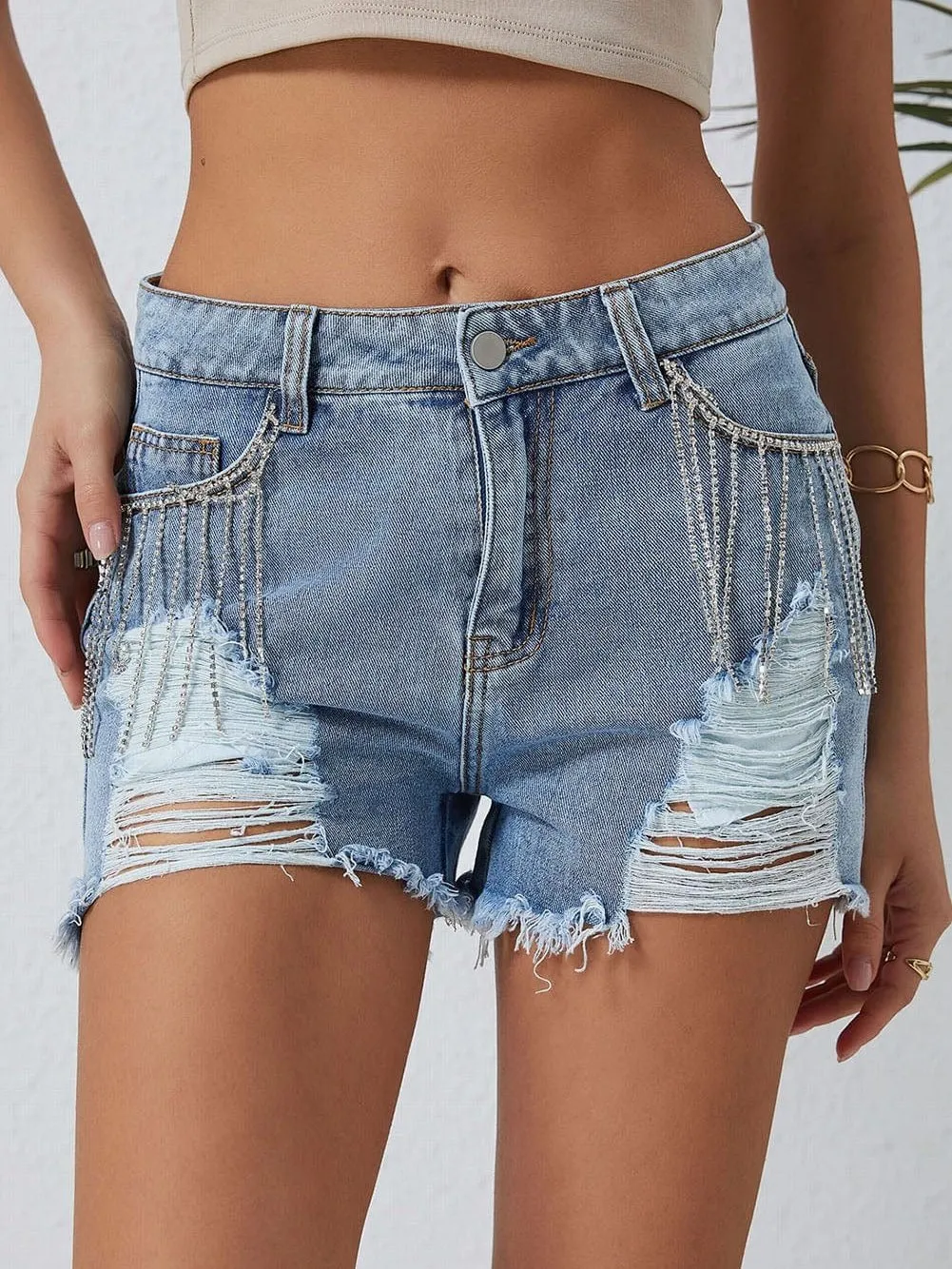 Blue Denim Shorts with Unique Rhinestone Design