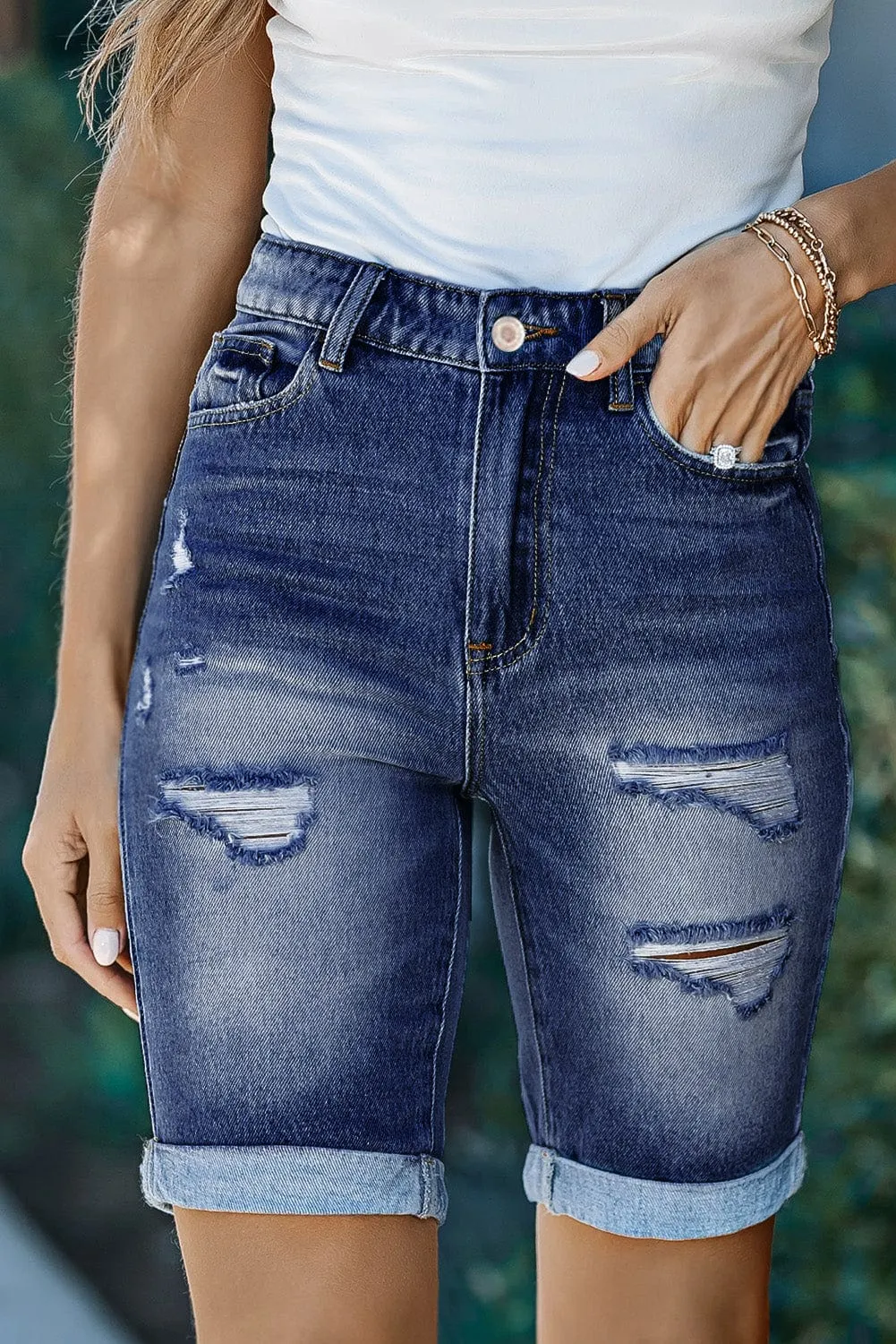 Blue Distressed Bermuda Denim Shorts with Roll-up Detail