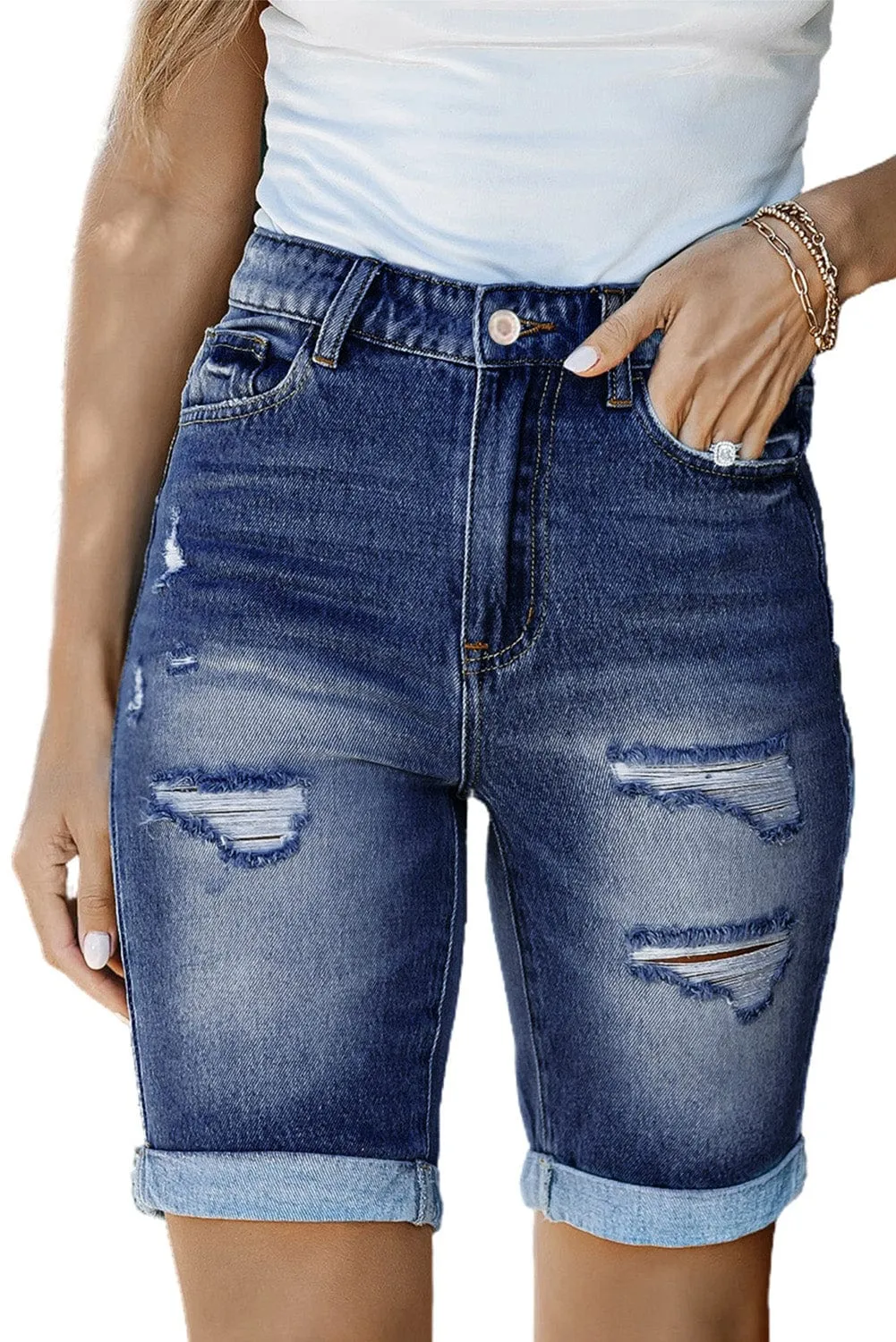 Blue Distressed Bermuda Denim Shorts with Roll-up Detail