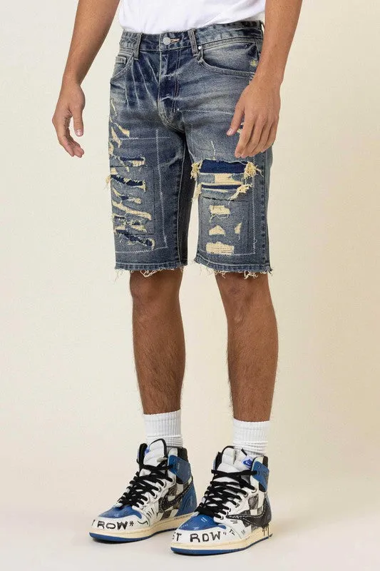 BORO STITCH HEAVY RIP&REPAIR DENIM SHORTS