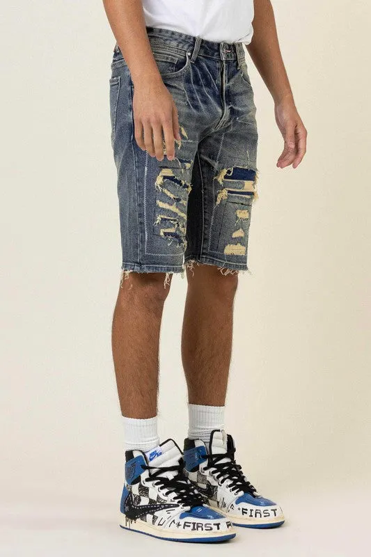 BORO STITCH HEAVY RIP&REPAIR DENIM SHORTS