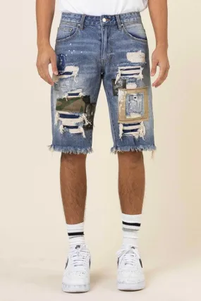 CAMO & TWILL PATCHED RIP & REPAIRED DENIM SHORTS