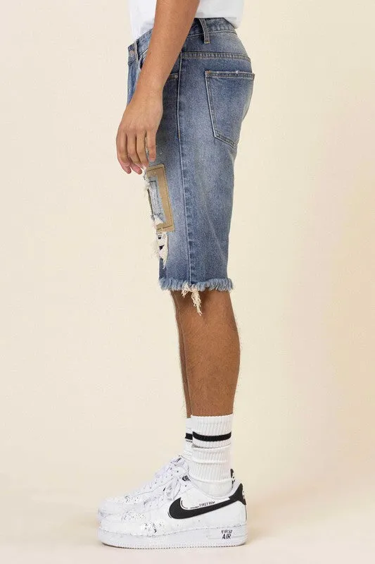 CAMO & TWILL PATCHED RIP & REPAIRED DENIM SHORTS