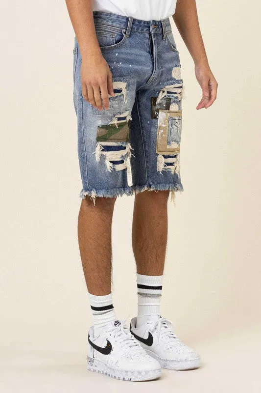 CAMO & TWILL PATCHED RIP & REPAIRED DENIM SHORTS