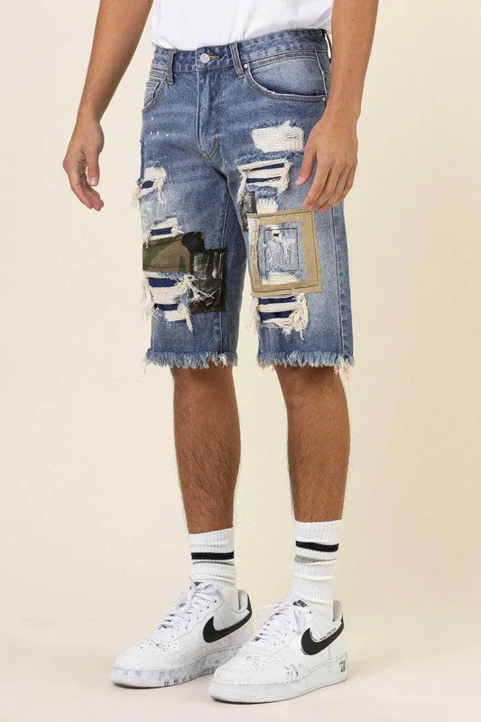 CAMO & TWILL PATCHED RIP & REPAIRED DENIM SHORTS