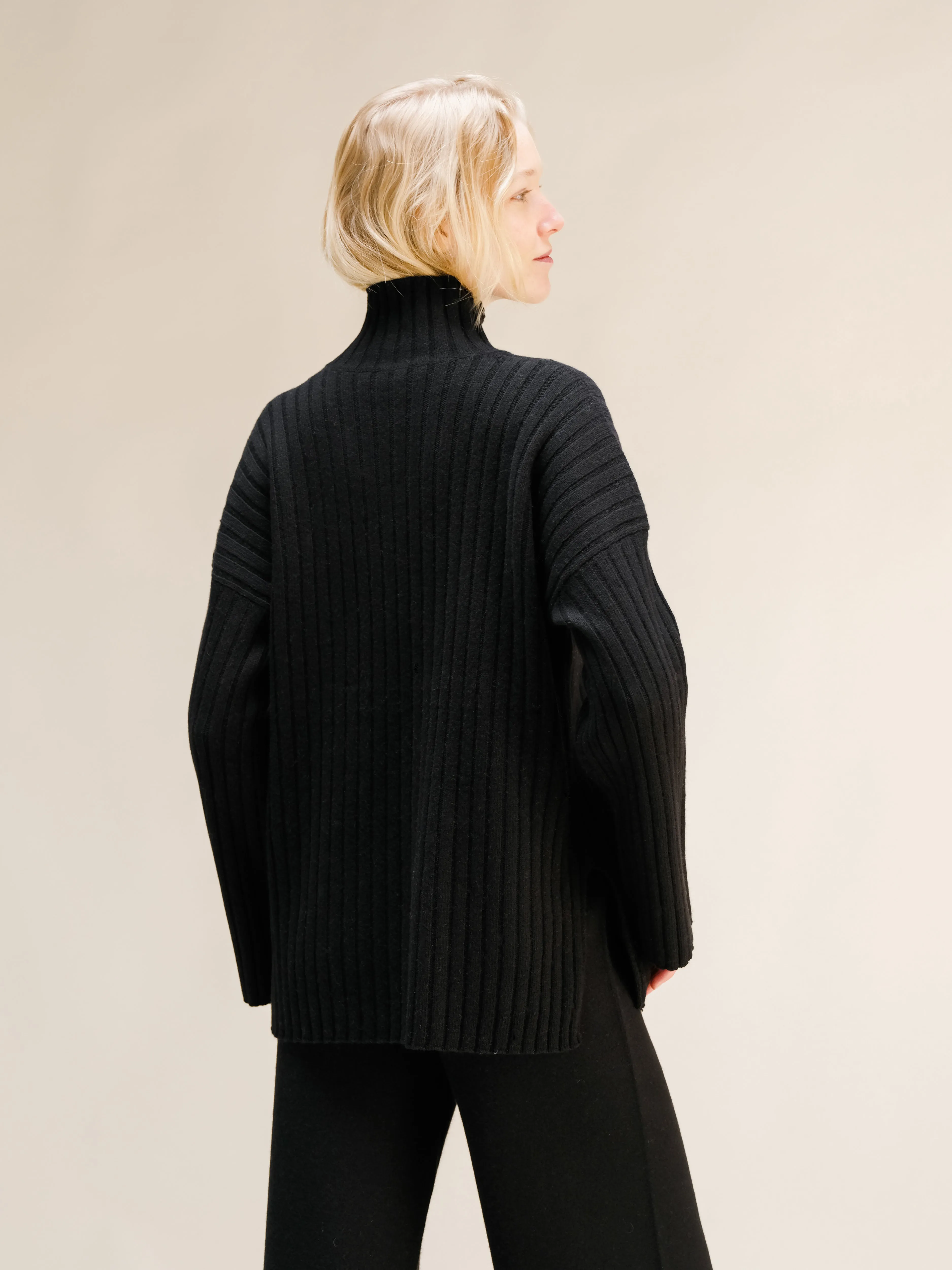 Cashmere Mix Ribbed High Neck with Side Slits