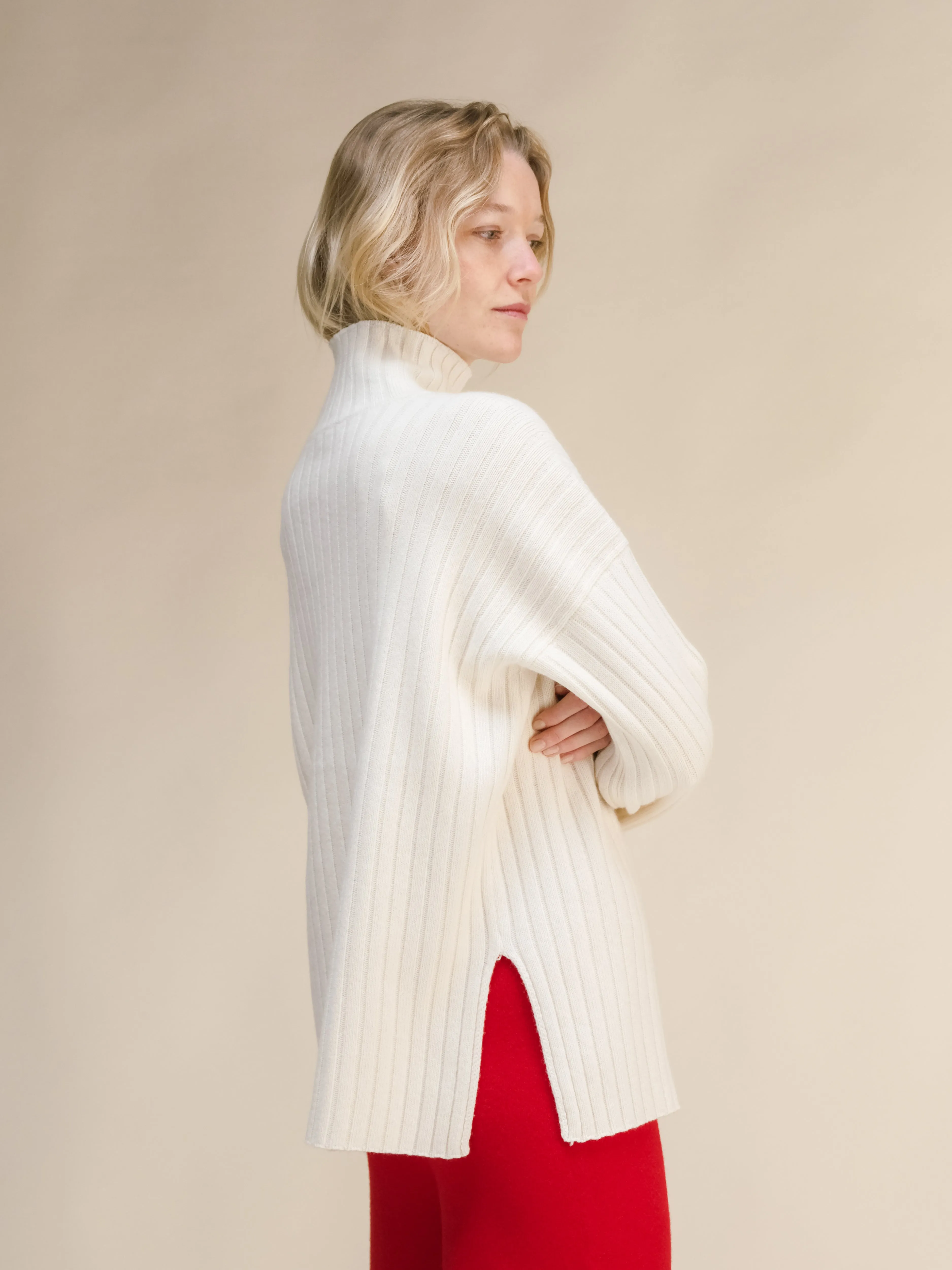 Cashmere Mix Ribbed High Neck with Side Slits