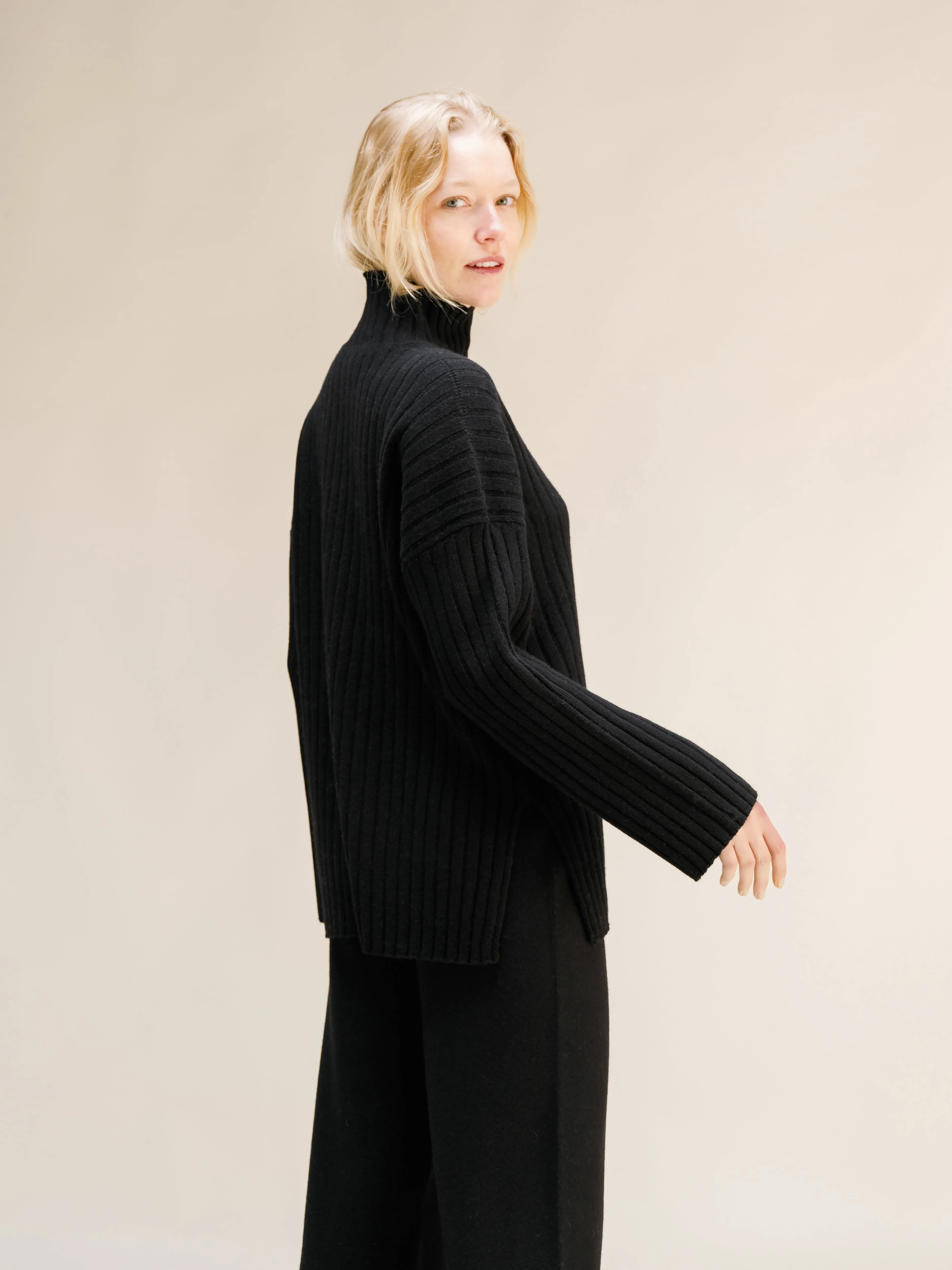 Cashmere Mix Ribbed High Neck with Side Slits