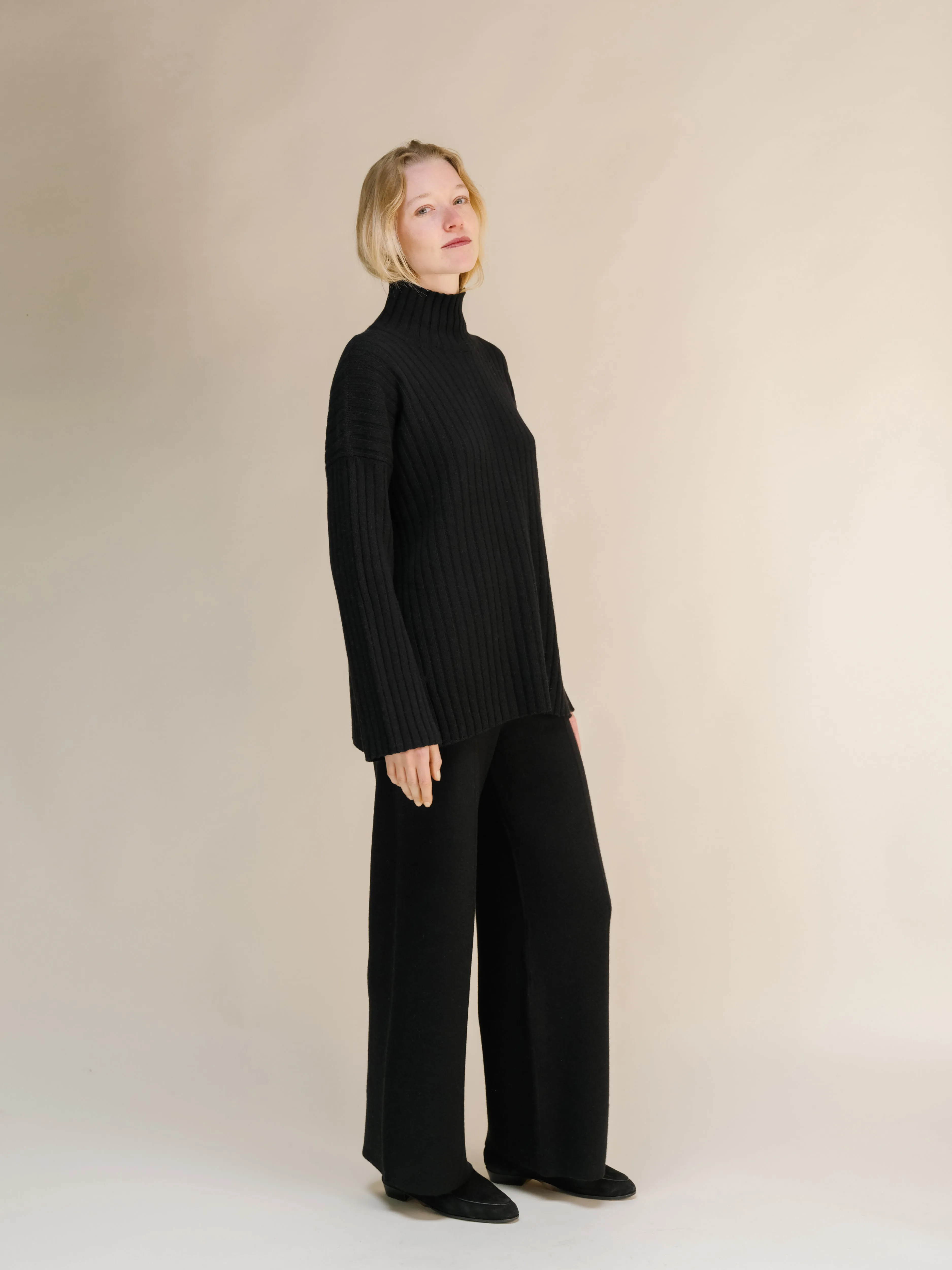 Cashmere Mix Ribbed High Neck with Side Slits