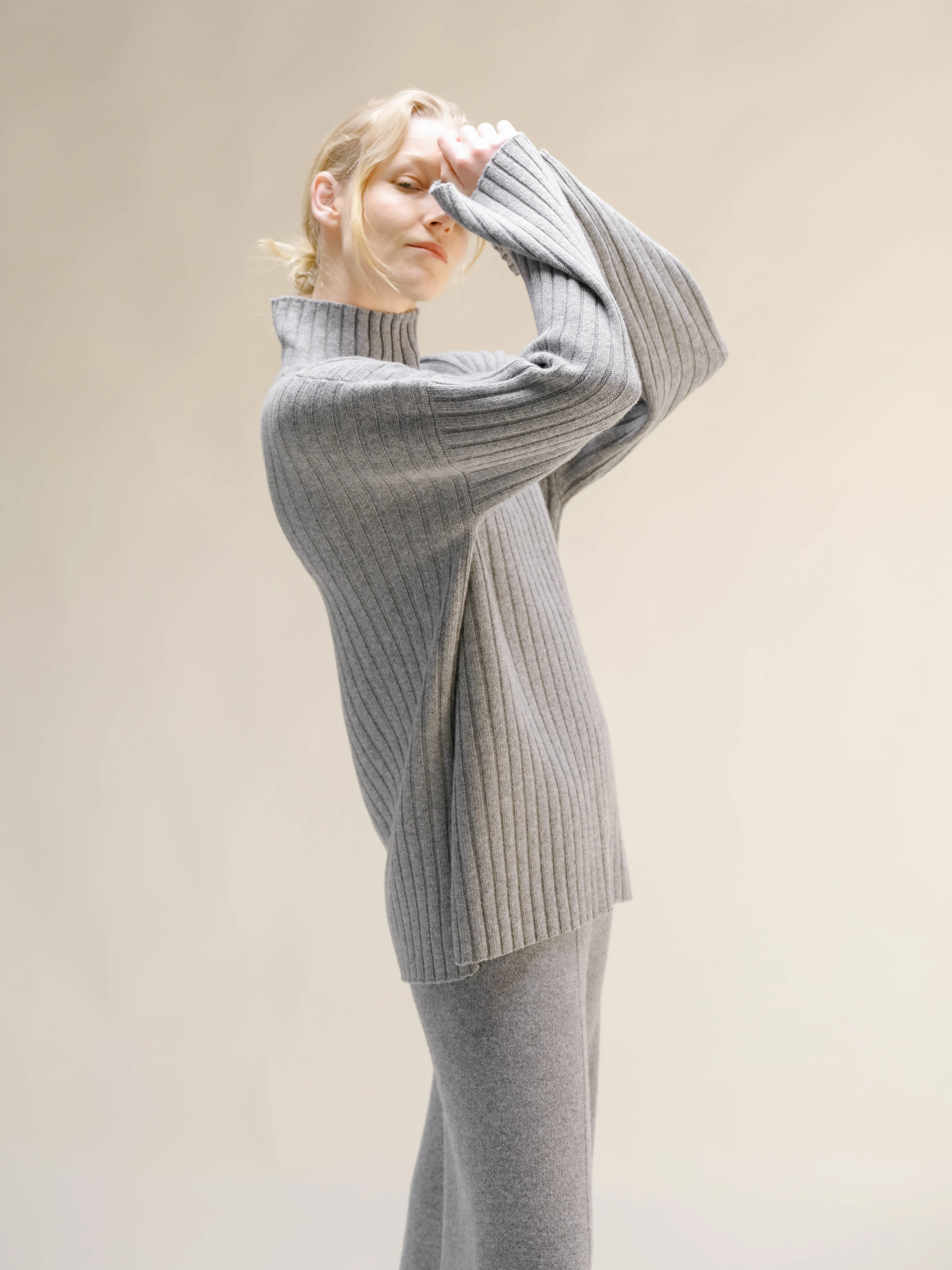 Cashmere Mix Ribbed High Neck with Side Slits