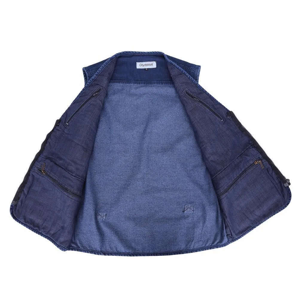 Casual Denim Vest w/ Many Pockets, Blue