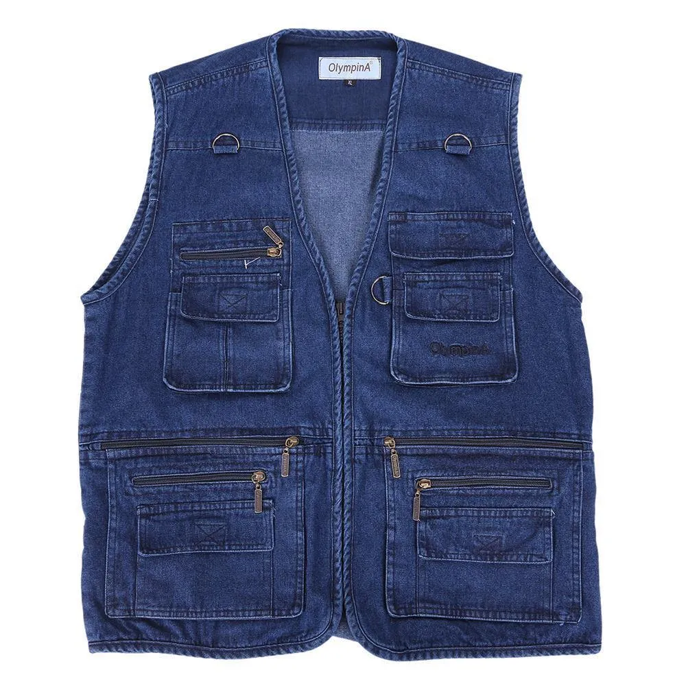 Casual Denim Vest w/ Many Pockets, Blue