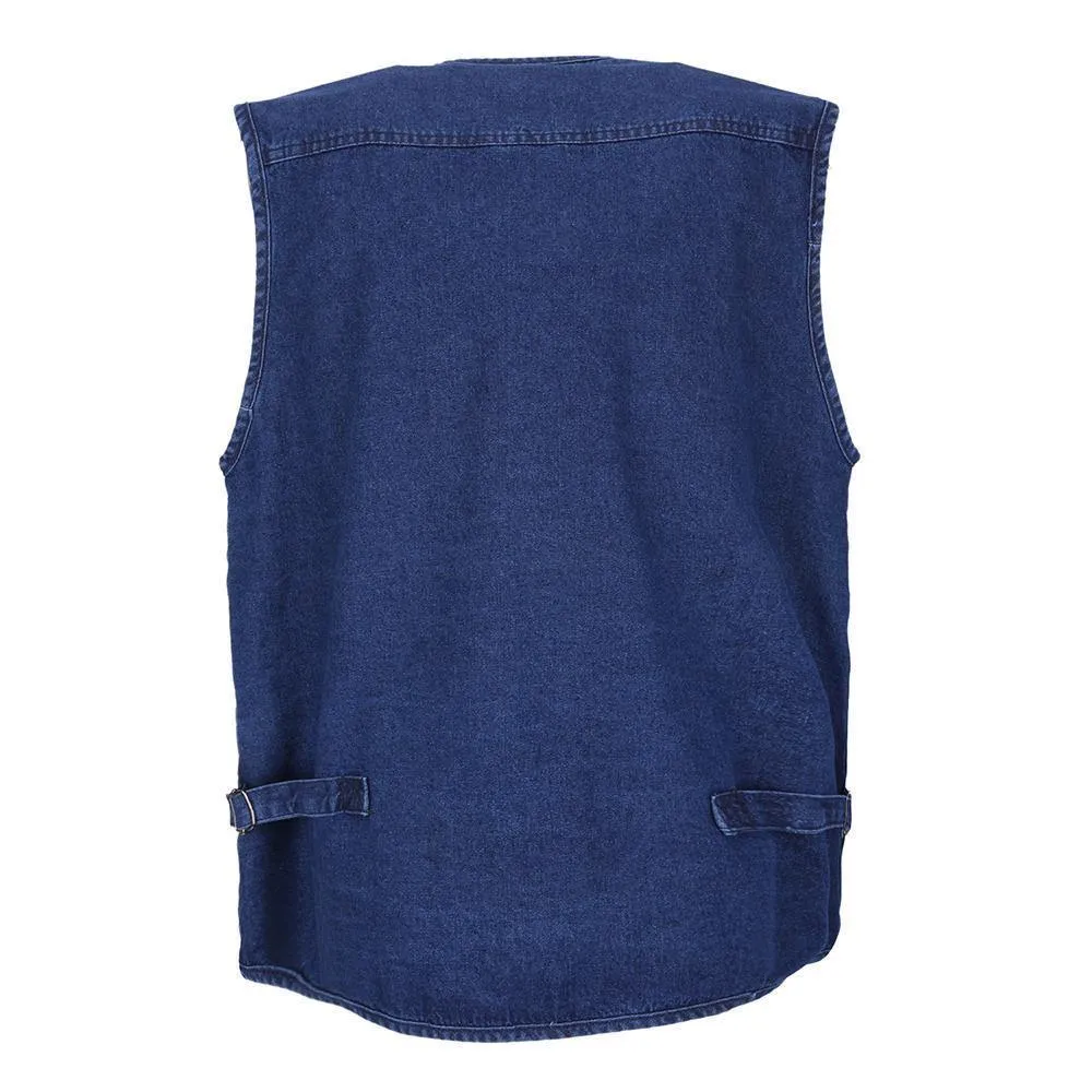 Casual Denim Vest w/ Many Pockets, Blue