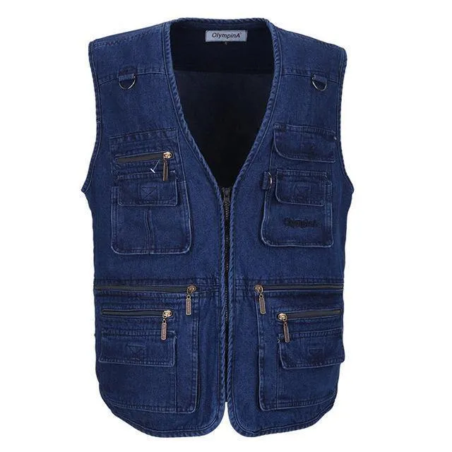 Casual Denim Vest w/ Many Pockets, Blue