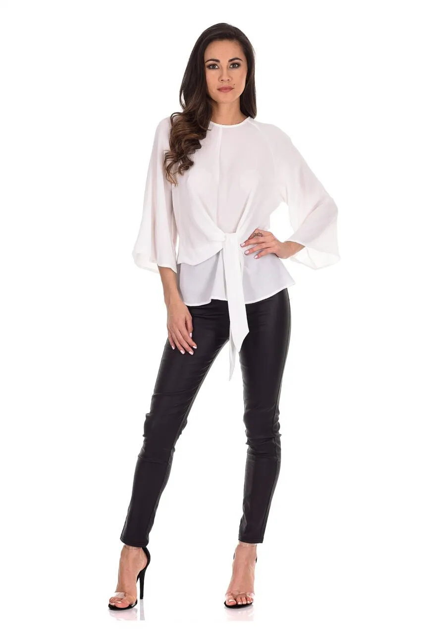 Cream Tie Waist Flared Sleeve Top