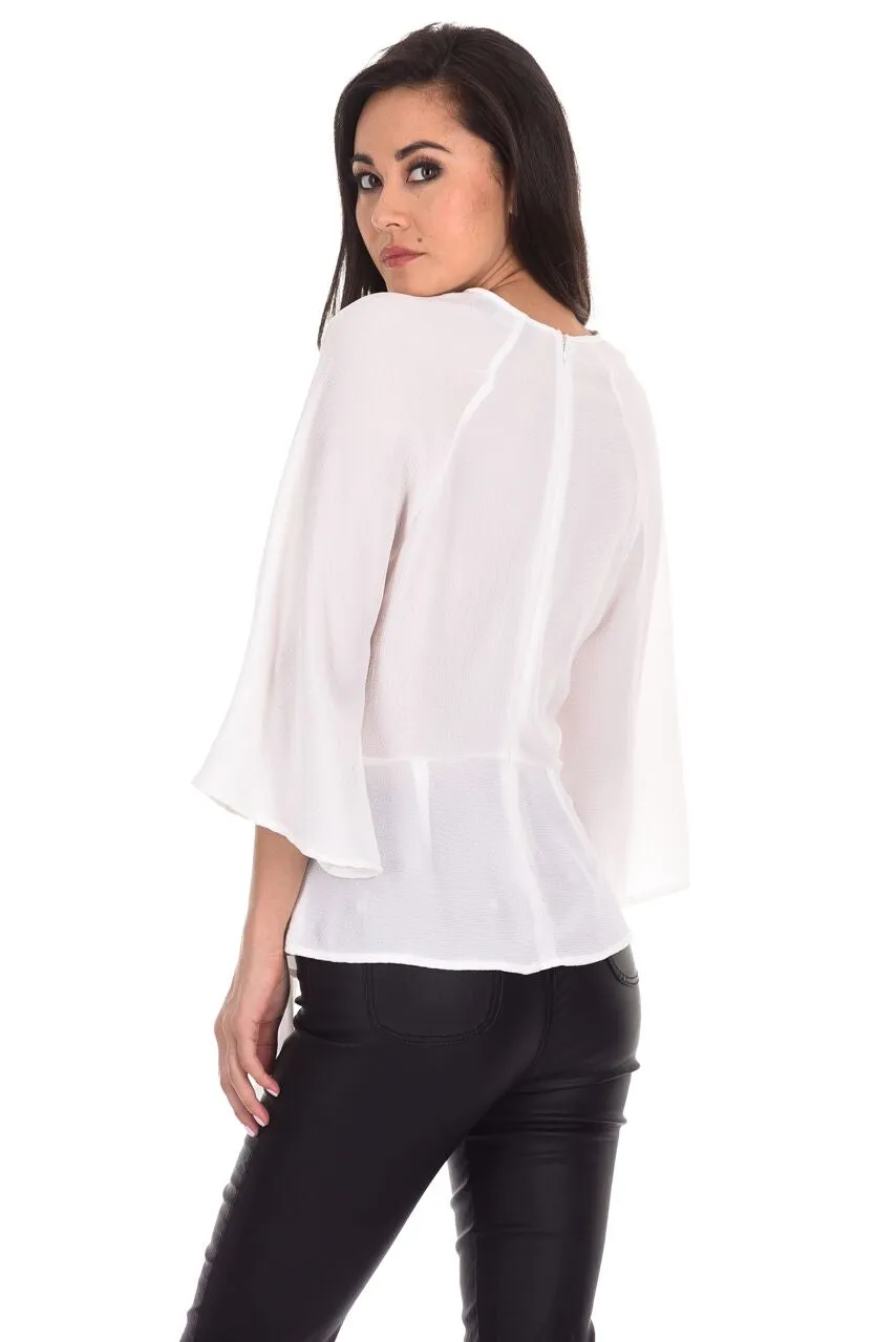 Cream Tie Waist Flared Sleeve Top