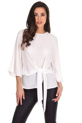 Cream Tie Waist Flared Sleeve Top