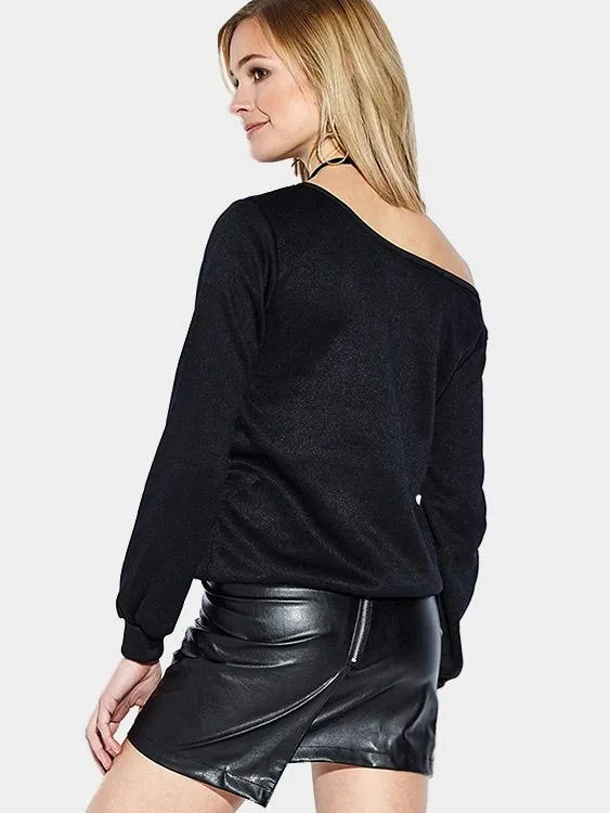 Custom Asymmetric Shoulder Long Sleeves Top With Lipprint