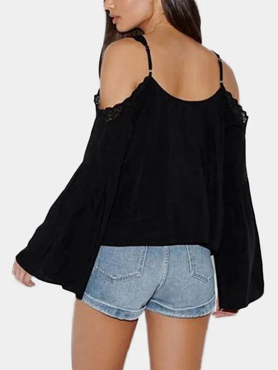 Custom Cold Shoulder Lace Long Sleeve Black Top