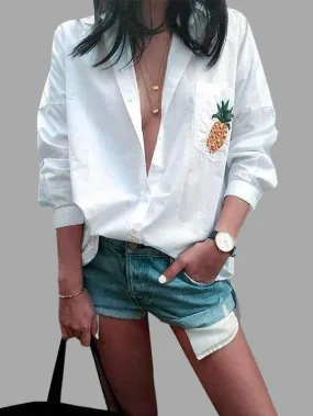 Custom Lapel Collar Floral Print Long Sleeve White T-Shirts