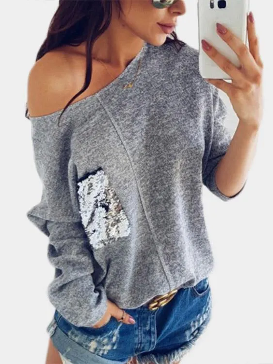 Custom One Shoulder Sequins Embellished Long Sleeve Grey T-Shirts