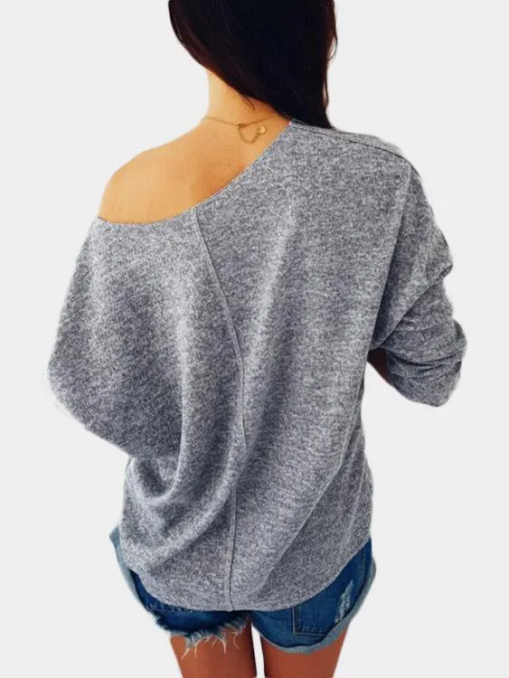 Custom One Shoulder Sequins Embellished Long Sleeve Grey T-Shirts