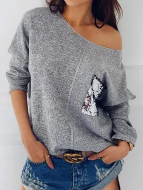 Custom One Shoulder Sequins Embellished Long Sleeve Grey T-Shirts